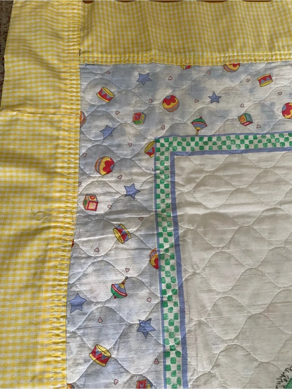 VTG  80s 90s Handmade Baby Quilt Yellow Plaid Giraffe Teddy Bear Elephant Bunny